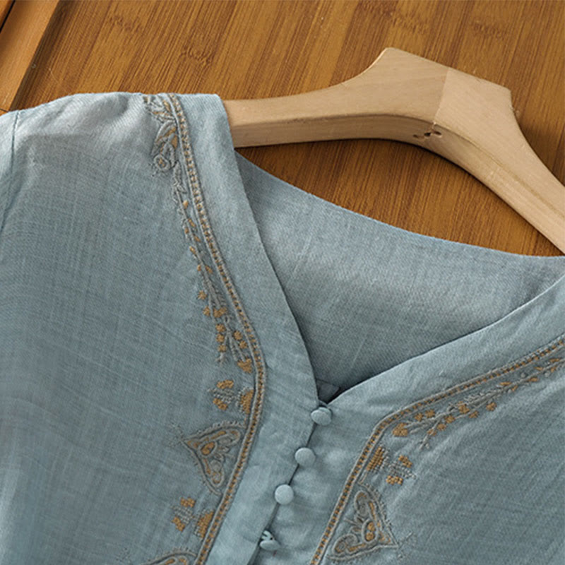 Camicia da donna con scollo a V, manica corta, monopetto, in poliestere, con bottoni e ricamo casual Buddha Stones - image 6