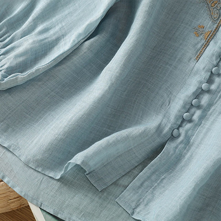 Camicia da donna con scollo a V, manica corta, monopetto, in poliestere, con bottoni e ricamo casual Buddha Stones - image 4