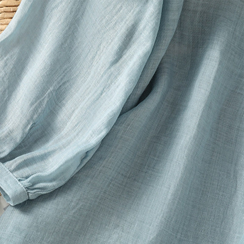 Camicia da donna con scollo a V, manica corta, monopetto, in poliestere, con bottoni e ricamo casual Buddha Stones - image 9