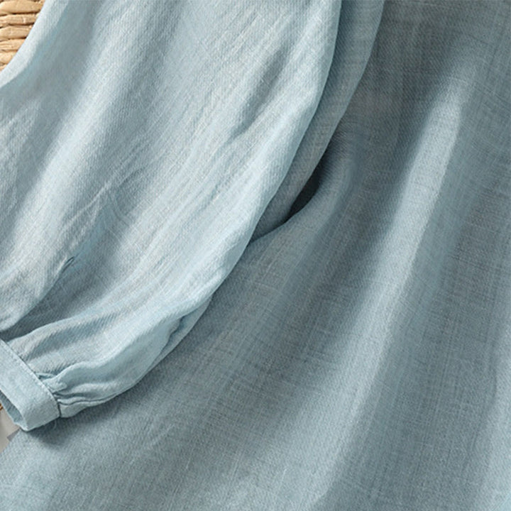 Camicia da donna con scollo a V, manica corta, monopetto, in poliestere, con bottoni e ricamo casual Buddha Stones - image 9