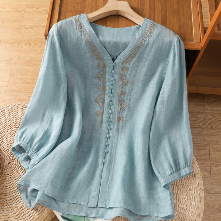 Camicia da donna con scollo a V, manica corta, monopetto, in poliestere, con bottoni e ricamo casual Buddha Stones - Cielo blu - US8-10, UK/AU12-14, EU40-42 (2XL) - image 0