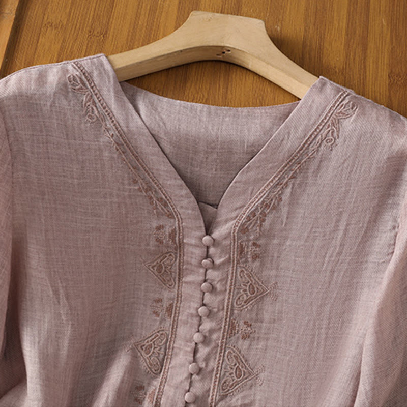 Camicia da donna con scollo a V, manica corta, monopetto, in poliestere, con bottoni e ricamo casual Buddha Stones - image 18