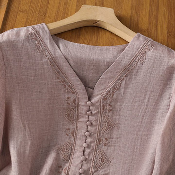 Camicia da donna con scollo a V, manica corta, monopetto, in poliestere, con bottoni e ricamo casual Buddha Stones - image 18