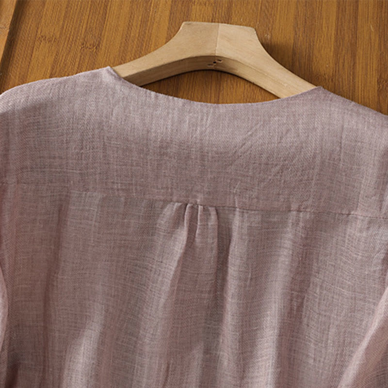 Camicia da donna con scollo a V, manica corta, monopetto, in poliestere, con bottoni e ricamo casual Buddha Stones - image 15