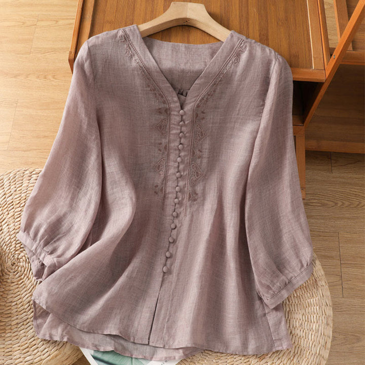 Camicia da donna con scollo a V, manica corta, monopetto, in poliestere, con bottoni e ricamo casual Buddha Stones - Cardo - US8-10, UK/AU12-14, EU40-42 (2XL) - image 10