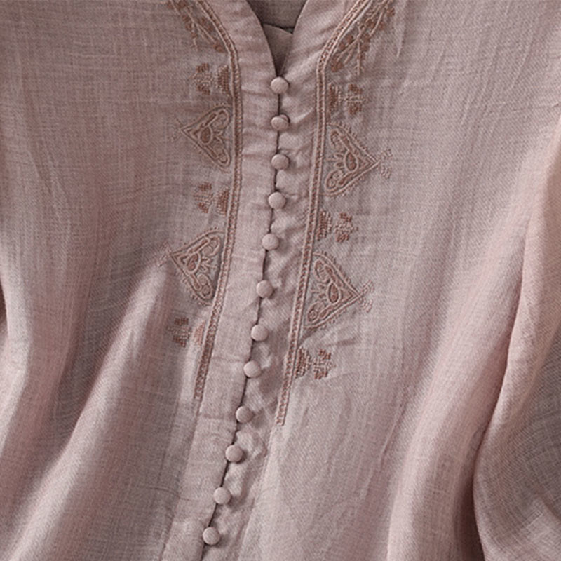 Camicia da donna con scollo a V, manica corta, monopetto, in poliestere, con bottoni e ricamo casual Buddha Stones - image 13