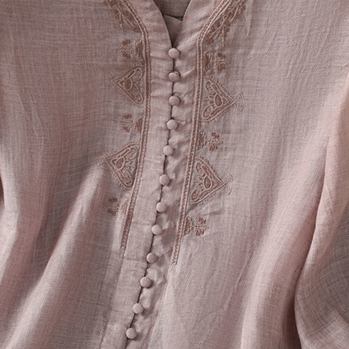 Camicia da donna con scollo a V, manica corta, monopetto, in poliestere, con bottoni e ricamo casual Buddha Stones - image 13