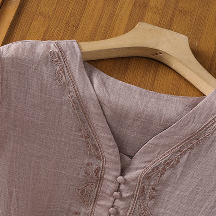 Camicia da donna con scollo a V, manica corta, monopetto, in poliestere, con bottoni e ricamo casual Buddha Stones - image 14