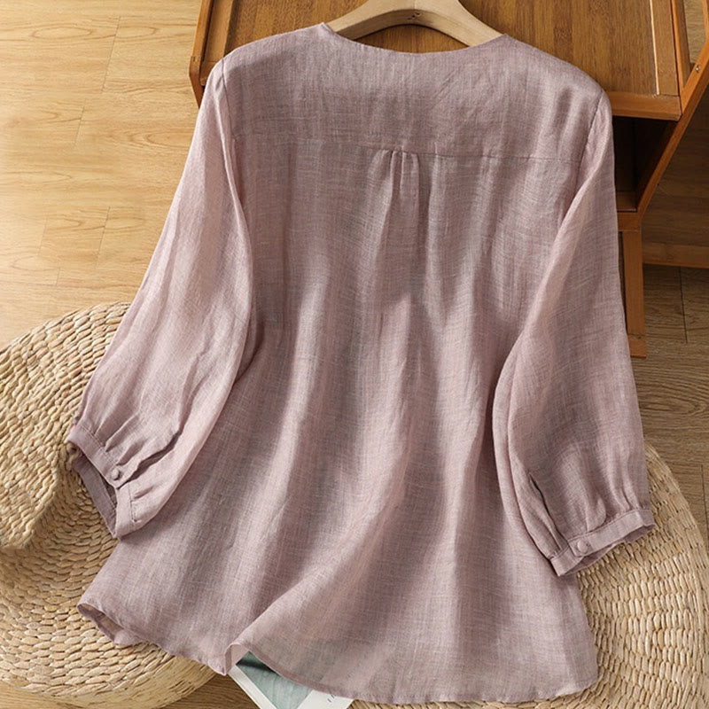 Camicia da donna con scollo a V, manica corta, monopetto, in poliestere, con bottoni e ricamo casual Buddha Stones - image 11