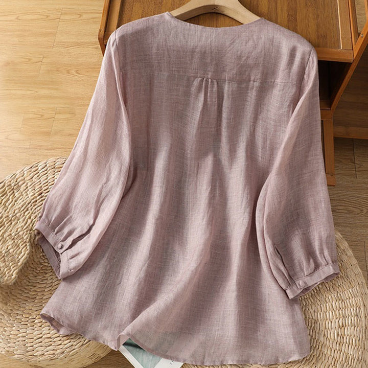 Camicia da donna con scollo a V, manica corta, monopetto, in poliestere, con bottoni e ricamo casual Buddha Stones - image 11