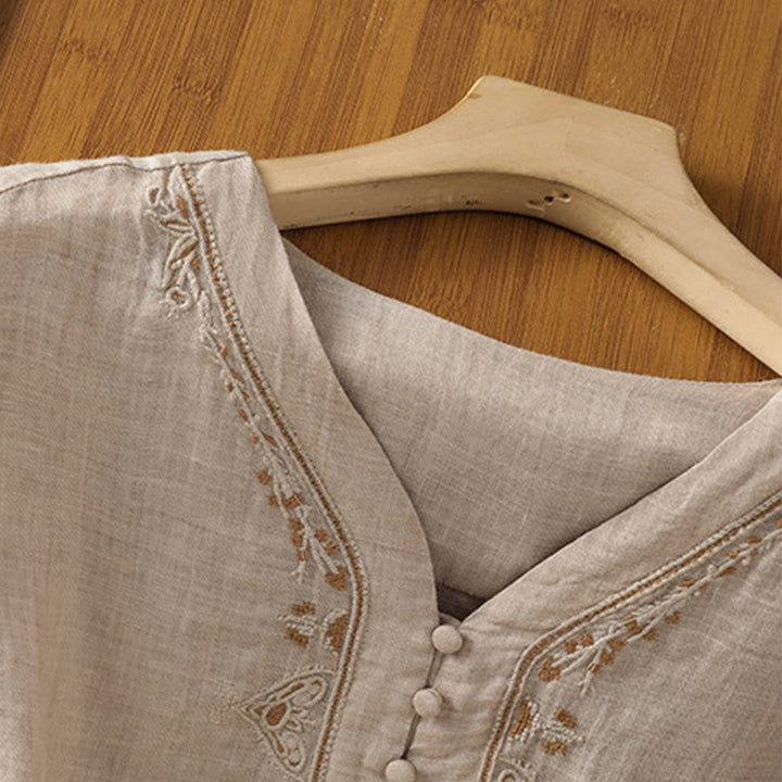 Camicia da donna con scollo a V, manica corta, monopetto, in poliestere, con bottoni e ricamo casual Buddha Stones - image 24