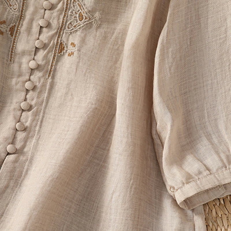 Camicia da donna con scollo a V, manica corta, monopetto, in poliestere, con bottoni e ricamo casual Buddha Stones - image 23