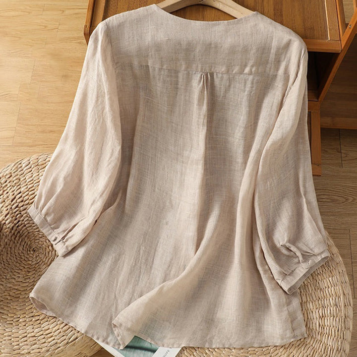 Camicia da donna con scollo a V, manica corta, monopetto, in poliestere, con bottoni e ricamo casual Buddha Stones - image 20