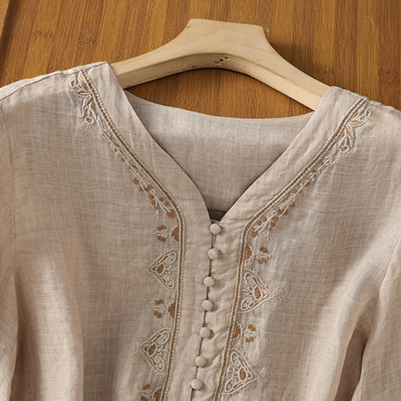 Camicia da donna con scollo a V, manica corta, monopetto, in poliestere, con bottoni e ricamo casual Buddha Stones - image 21