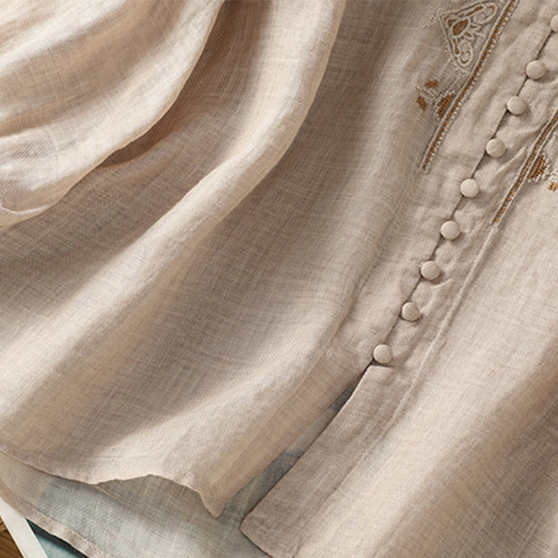 Camicia da donna con scollo a V, manica corta, monopetto, in poliestere, con bottoni e ricamo casual Buddha Stones - image 27