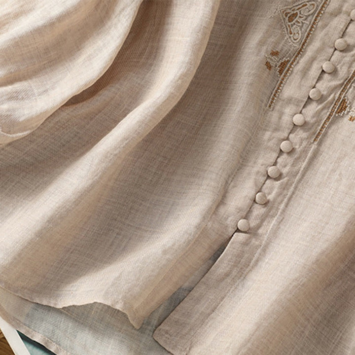 Camicia da donna con scollo a V, manica corta, monopetto, in poliestere, con bottoni e ricamo casual Buddha Stones - image 27