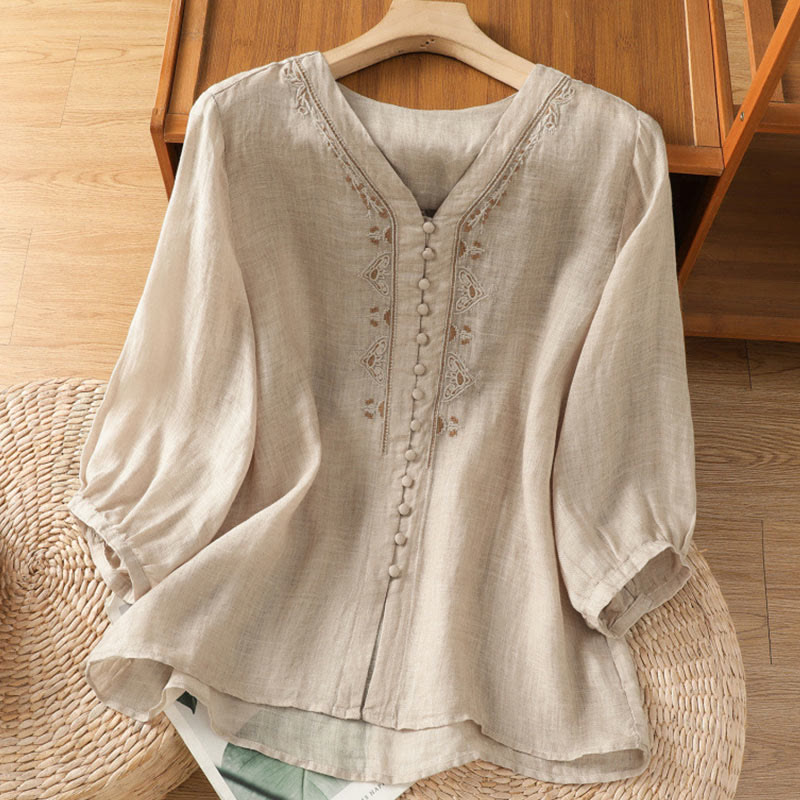 Camicia da donna con scollo a V, manica corta, monopetto, in poliestere, con bottoni e ricamo casual Buddha Stones - Beige - US8-10, UK/AU12-14, EU40-42 (2XL) - image 19