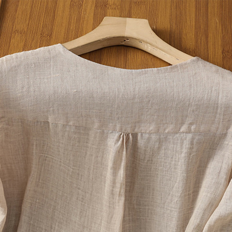 Camicia da donna con scollo a V, manica corta, monopetto, in poliestere, con bottoni e ricamo casual Buddha Stones - image 22