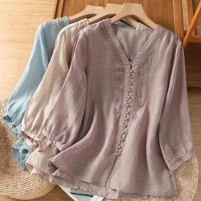 Camicia da donna con scollo a V, manica corta, monopetto, in poliestere, con bottoni e ricamo casual Buddha Stones - image 28