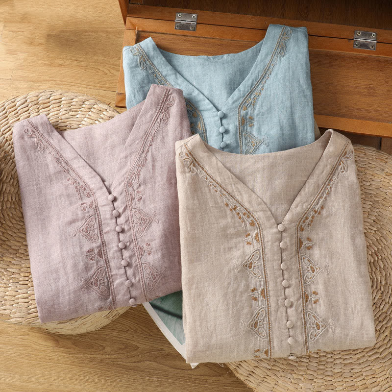 Camicia da donna con scollo a V, manica corta, monopetto, in poliestere, con bottoni e ricamo casual Buddha Stones - image 29