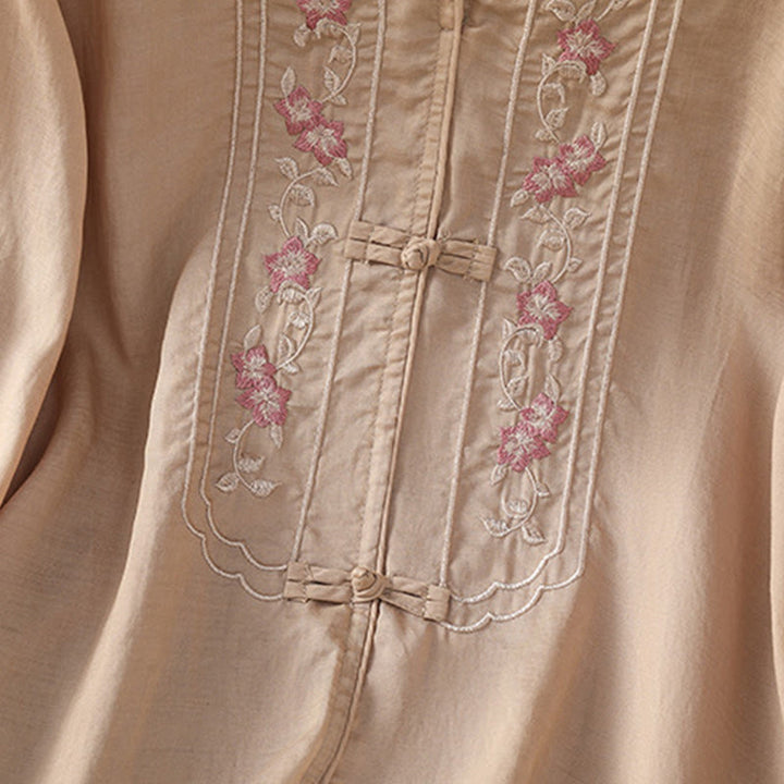 Camicia da donna in cotone e poliestere con colletto alto, manica corta, con bottoni a rana e ricamo Buddha Stones - image 4