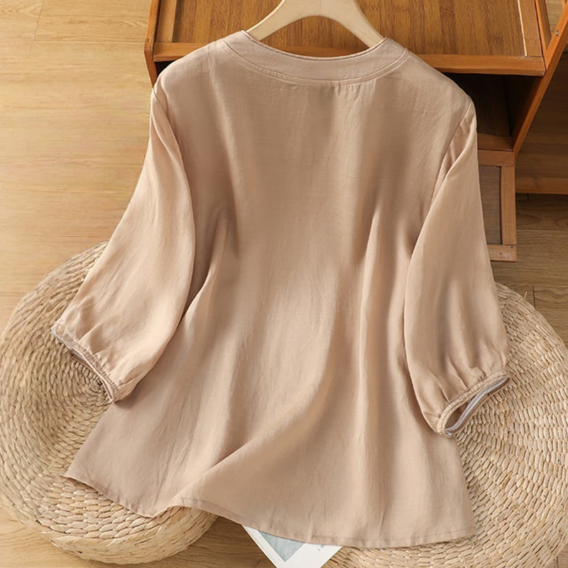 Camicia da donna in cotone e poliestere con colletto alto, manica corta, con bottoni a rana e ricamo Buddha Stones - image 1