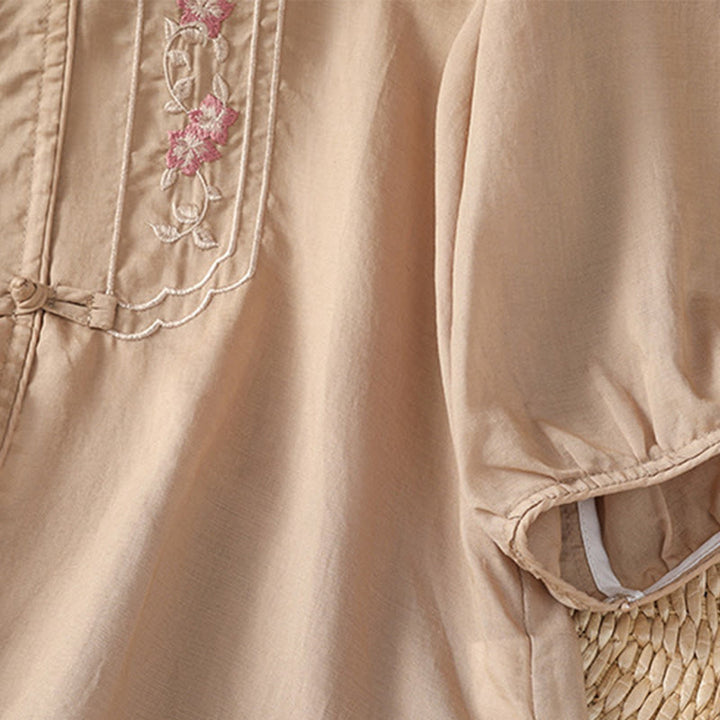 Camicia da donna in cotone e poliestere con colletto alto, manica corta, con bottoni a rana e ricamo Buddha Stones - image 5