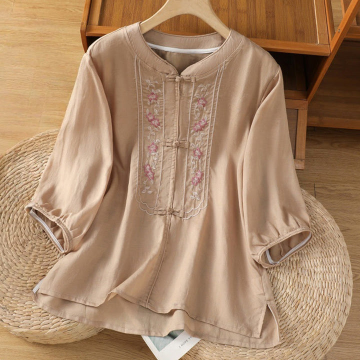 Camicia da donna in cotone e poliestere con colletto alto, manica corta, con bottoni a rana e ricamo Buddha Stones - PeachPuff - US8-10, UK/AU12-14, EU40-42 (2XL) - image 0