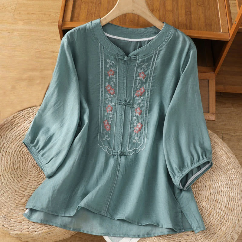 Camicia da donna in cotone e poliestere con colletto alto, manica corta, con bottoni a rana e ricamo Buddha Stones - CadetBlue - US8-10, UK/AU12-14, EU40-42 (2XL) - image 7