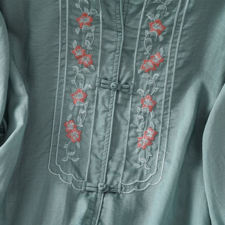 Camicia da donna in cotone e poliestere con colletto alto, manica corta, con bottoni a rana e ricamo Buddha Stones - image 10