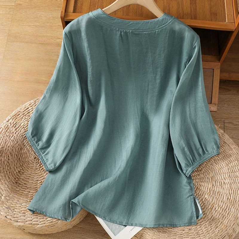 Camicia da donna in cotone e poliestere con colletto alto, manica corta, con bottoni a rana e ricamo Buddha Stones - image 8