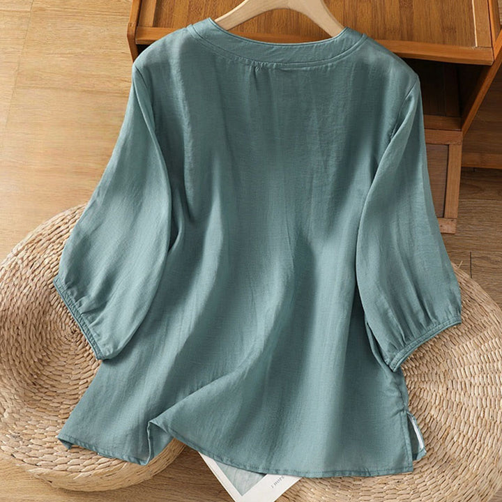 Camicia da donna in cotone e poliestere con colletto alto, manica corta, con bottoni a rana e ricamo Buddha Stones - image 8
