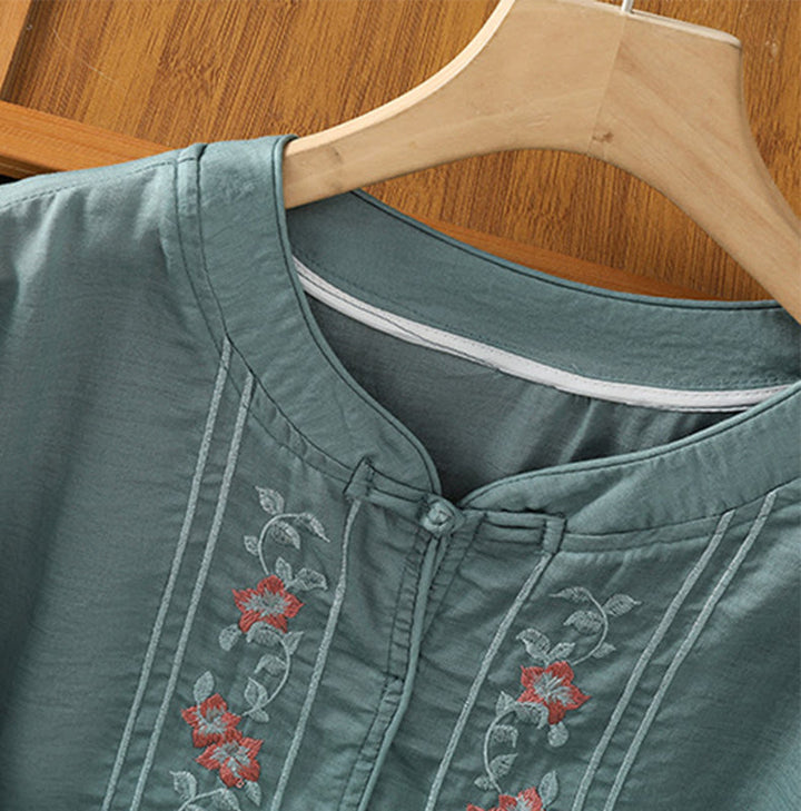 Camicia da donna in cotone e poliestere con colletto alto, manica corta, con bottoni a rana e ricamo Buddha Stones - image 11