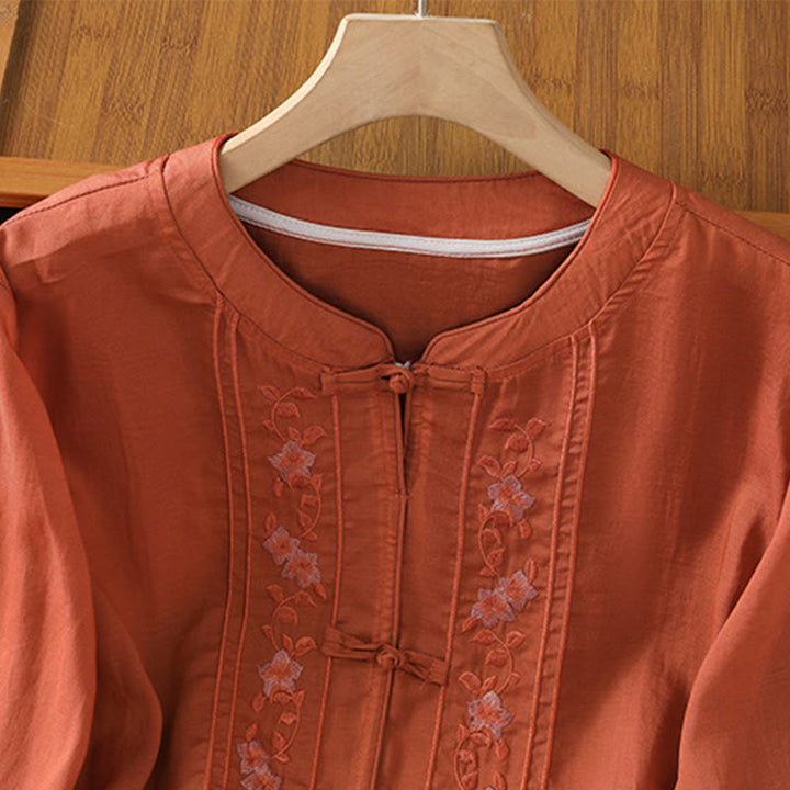 Camicia da donna in cotone e poliestere con colletto alto, manica corta, con bottoni a rana e ricamo Buddha Stones - image 15