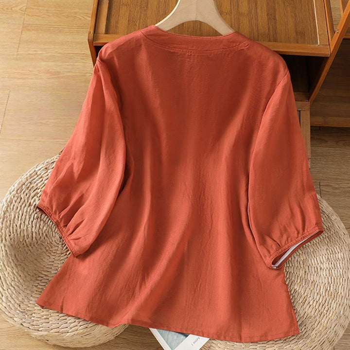 Camicia da donna in cotone e poliestere con colletto alto, manica corta, con bottoni a rana e ricamo Buddha Stones - image 14