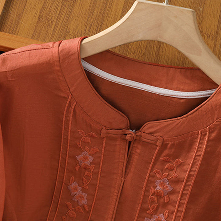 Camicia da donna in cotone e poliestere con colletto alto, manica corta, con bottoni a rana e ricamo Buddha Stones - image 16