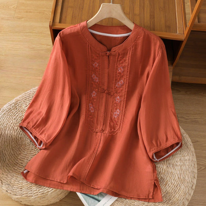 Camicia da donna in cotone e poliestere con colletto alto, manica corta, con bottoni a rana e ricamo Buddha Stones - Pomodoro - US8-10, UK/AU12-14, EU40-42 (2XL) - image 12