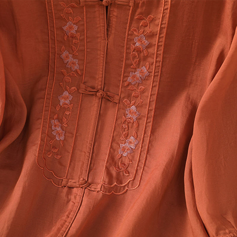 Camicia da donna in cotone e poliestere con colletto alto, manica corta, con bottoni a rana e ricamo Buddha Stones - image 17