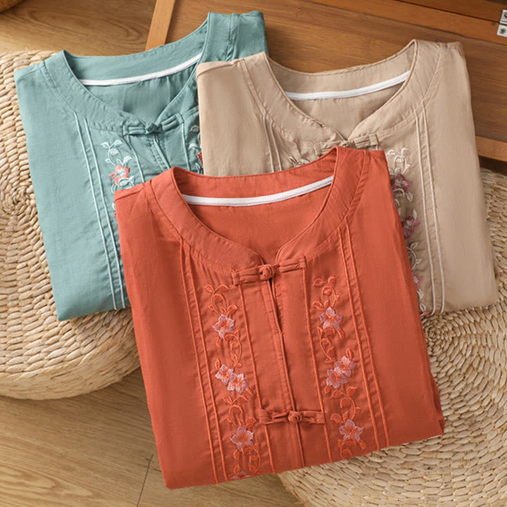 Camicia da donna in cotone e poliestere con colletto alto, manica corta, con bottoni a rana e ricamo Buddha Stones - image 18