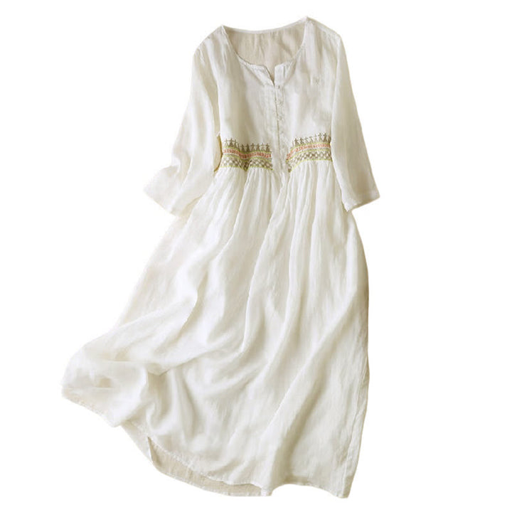 Abito midi da donna in cotone con maniche a nove quarti, ricamo geometrico con Buddha Stones e tasche