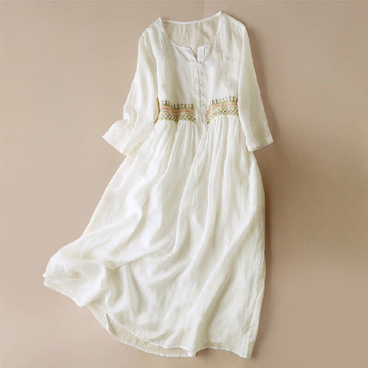 Abito midi da donna con maniche a nove quarti, ricamo geometrico con Buddha Stones tasche - Bianco - US14, UK/AU18, EU46 (4XL) - image 0