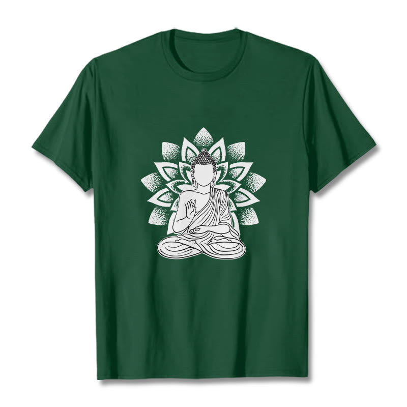 Maglietta con motivo a fiore di loto e Buddha seduto con Buddha Stones Buddha - Verde foresta - 2XL - image 1