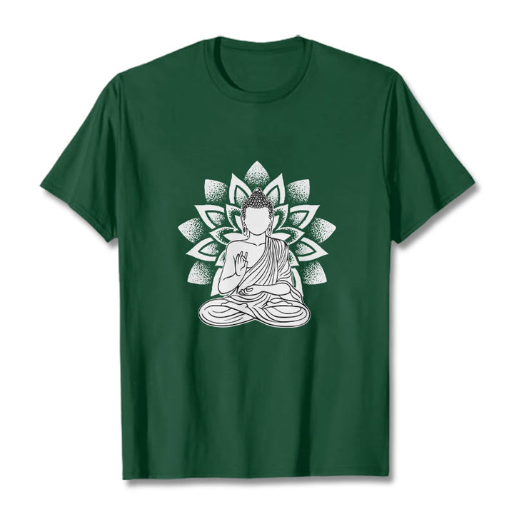 Maglietta con motivo a fiore di loto e Buddha seduto con Buddha Stones Buddha - Verde foresta - 2XL - image 1