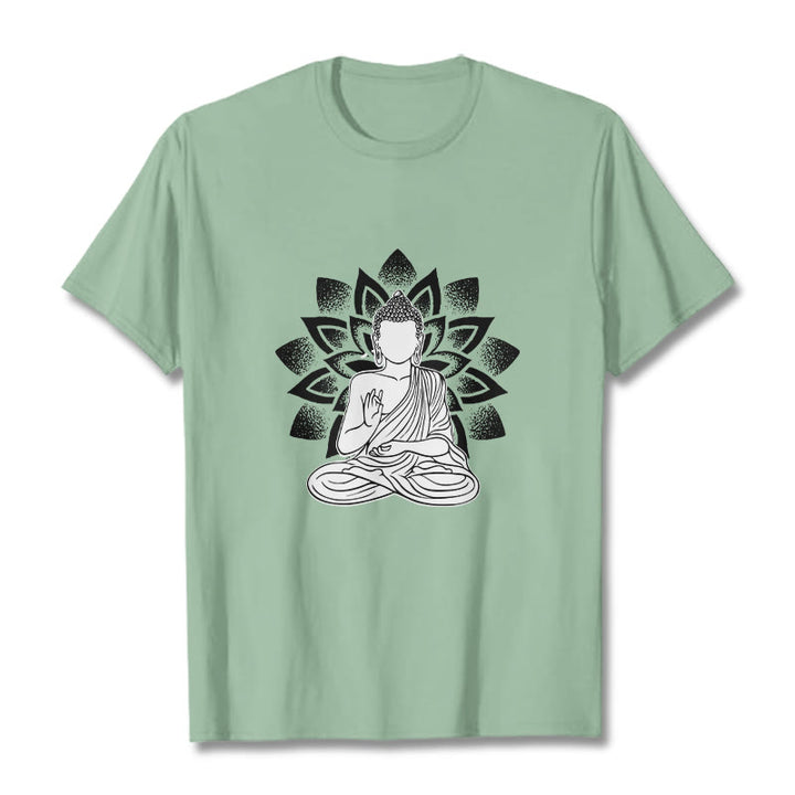 Maglietta con motivo a fiore di loto e Buddha seduto con Buddha Stones Buddha - Verde pallido - 2XL - image 15