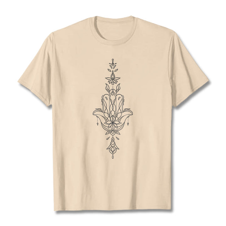 Maglietta con motivo a fiore di loto e mano di Hamsa con Buddha Stones - Biscotto - 2XL - image 9