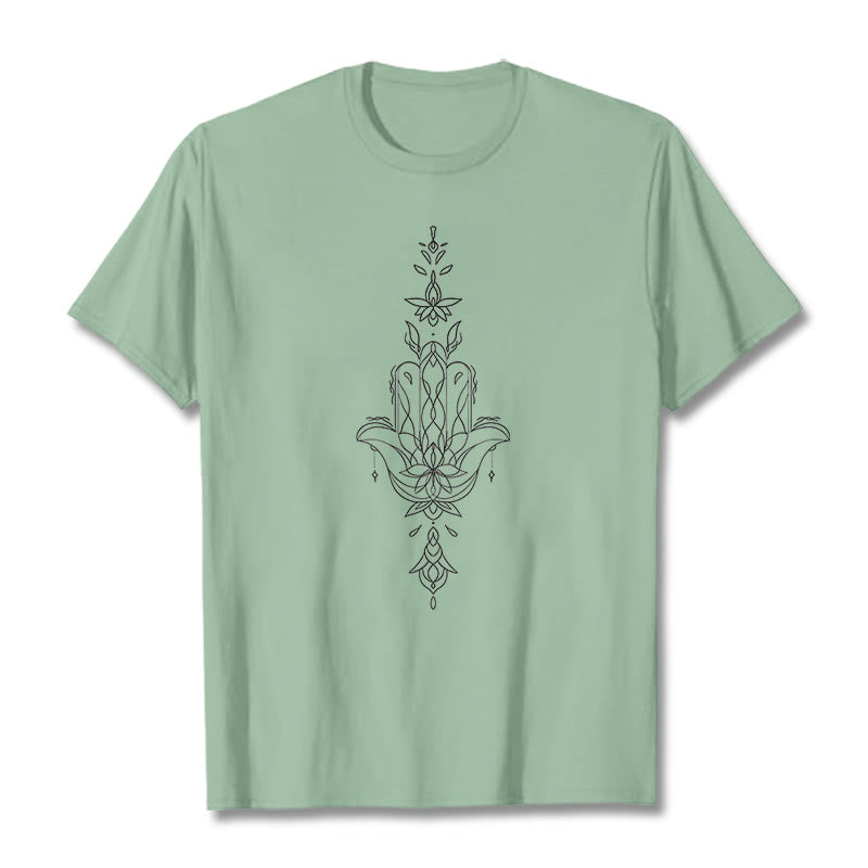 Maglietta con motivo a fiore di loto e mano di Hamsa con Buddha Stones - Verde pallido - 2XL - image 16