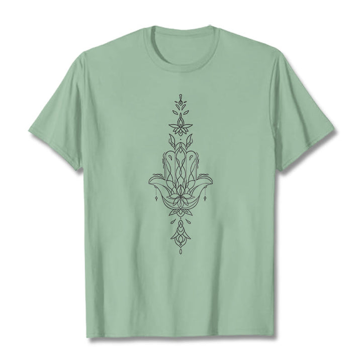 Maglietta con motivo a fiore di loto e mano di Hamsa con Buddha Stones - Verde pallido - 2XL - image 16