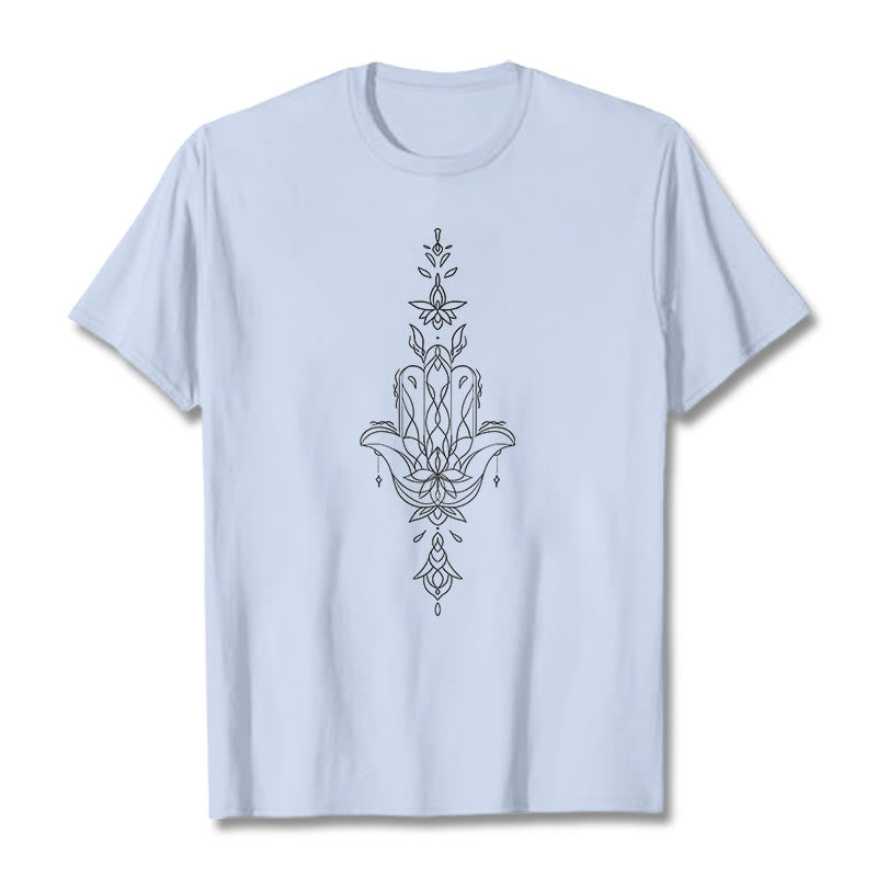 Maglietta con motivo a fiore di loto e mano di Hamsa con Buddha Stones - Ciano chiaro - 2XL - image 1