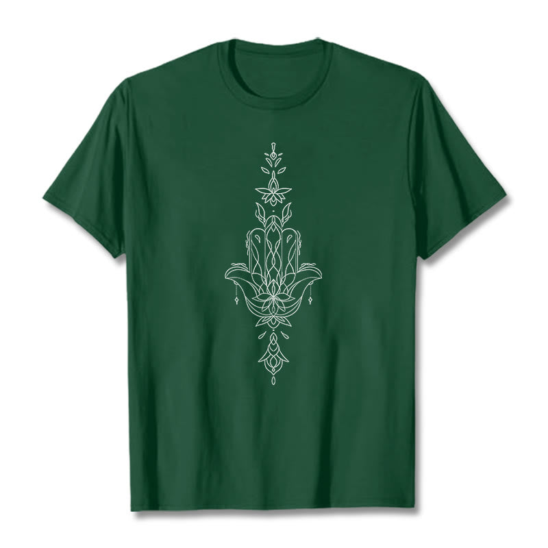 Maglietta con motivo a fiore di loto e mano di Hamsa con Buddha Stones - Verde foresta - 2XL - image 12