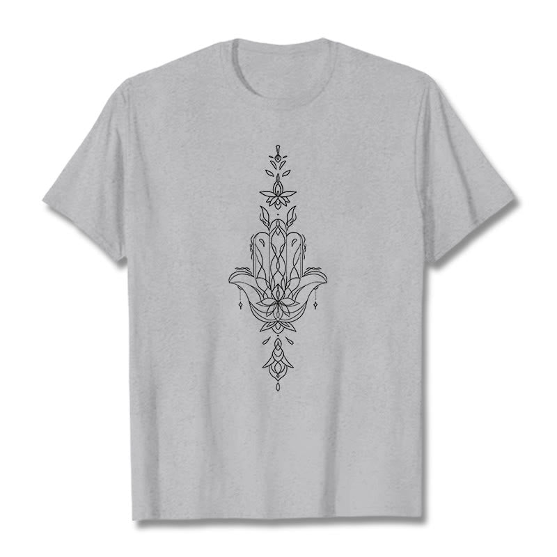 Maglietta con motivo a fiore di loto e mano di Hamsa con Buddha Stones - Grigio chiaro - 2XL - image 19